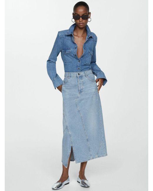 Mango Blue Zendaya Cotton Midi Skirt