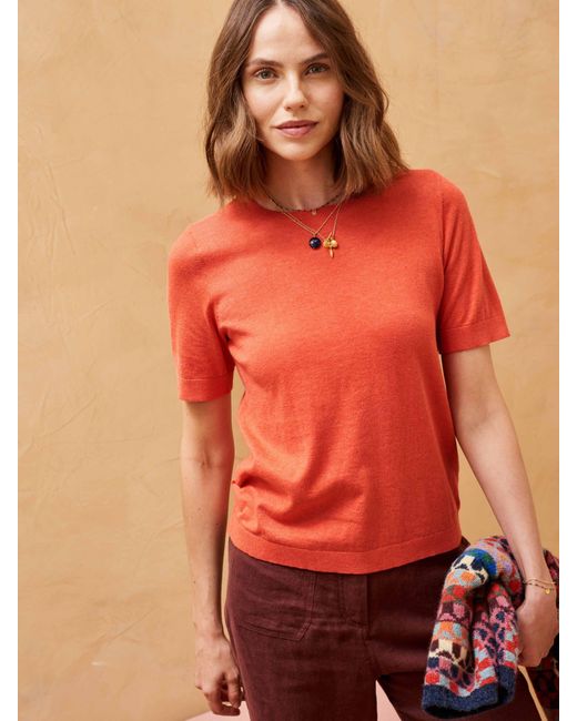 Brora Red Cotton Knitted Short Sleeve Top