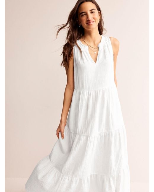 Boden White Double Cloth Tiered Maxi Dress