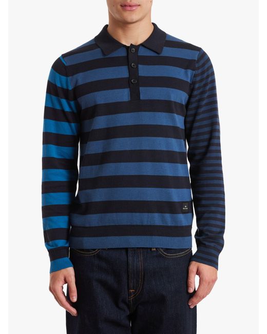Paul Smith Blue Organic Cotton Stripe Long Sleeve Polo Shirt for men