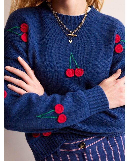 Boden Blue Embroidered Cherries Wool Blend Jumper