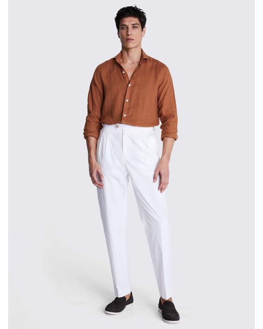 Moss Bros White Tailored Fit Linen Long Sleeve Shirt for men