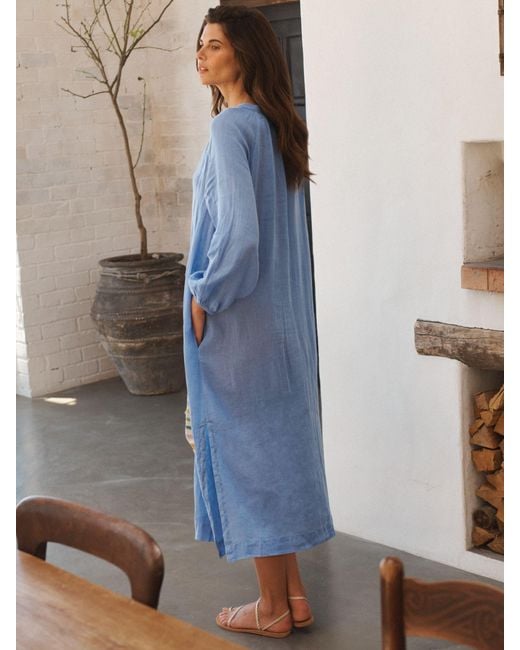 Nrby Blue Mira Gauze Linen Button Down Midi Dress