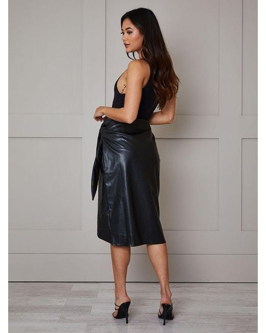 Chi Chi London Black Faux Leather Midi Skirt