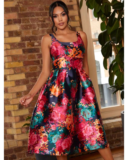 Chi Chi London Brown Floral Print Fit & Flare Midi Dress