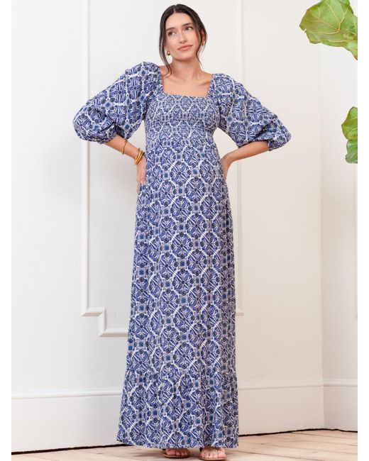 Seraphine Blue Lally Tile Print Shirred Bodice Maxi Maternity Dress