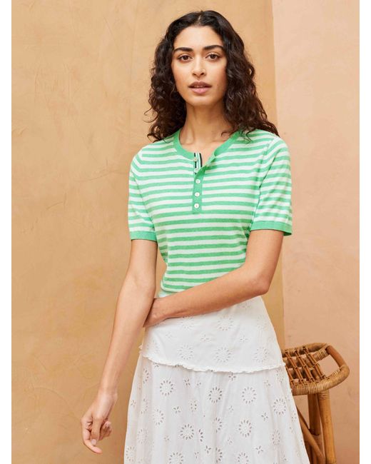 Brora Green Stripe Button Neck Top