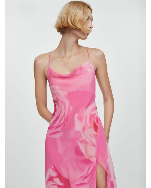 Mango Pink Rosa Rose Print Cowl Neck Maxi Dress