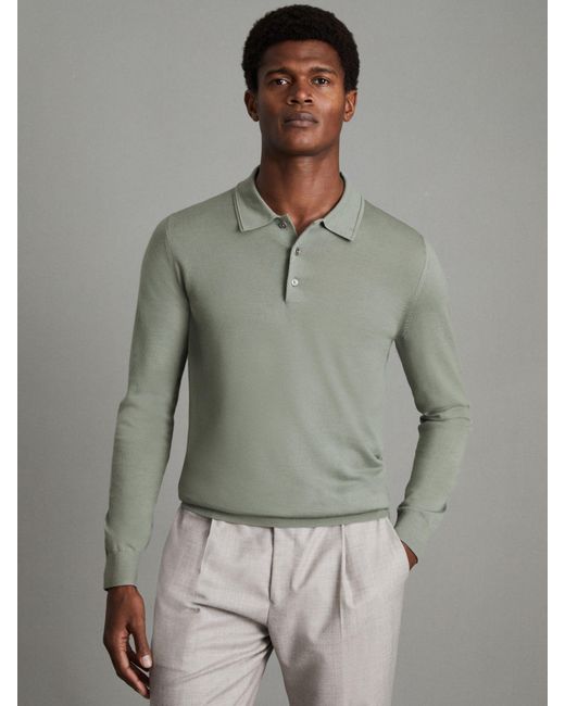 Reiss Gray Trafford Long Sleeve Merino Button Polo Shirt for men
