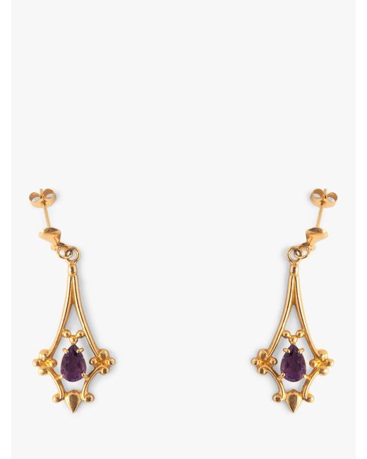 L & T Heirlooms White Second Hand 9ct Yellow Gold Amethyst Drop Earrings