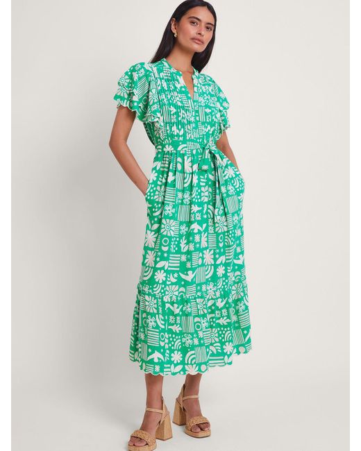 Monsoon Green Dario Novelty Print Pleat Yoke Midi Dress