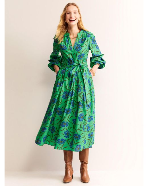 Boden Green Jen Floral Print Cotton Midi Dress