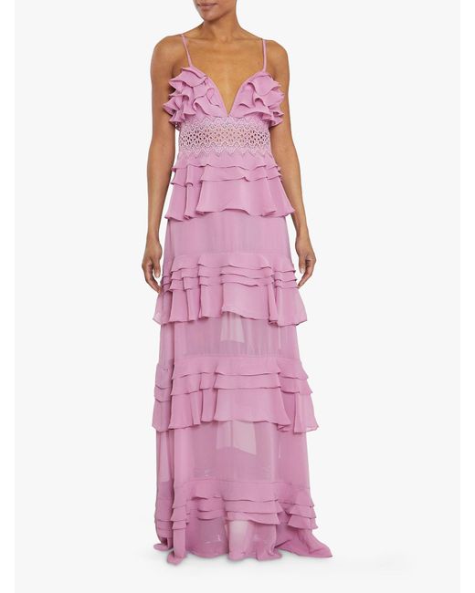 True Decadence Pink Plunge Front Tiered Ruffle Maxi Dress