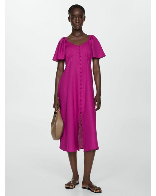 Mango Pink Buttoned Linen Blend Midi Dress