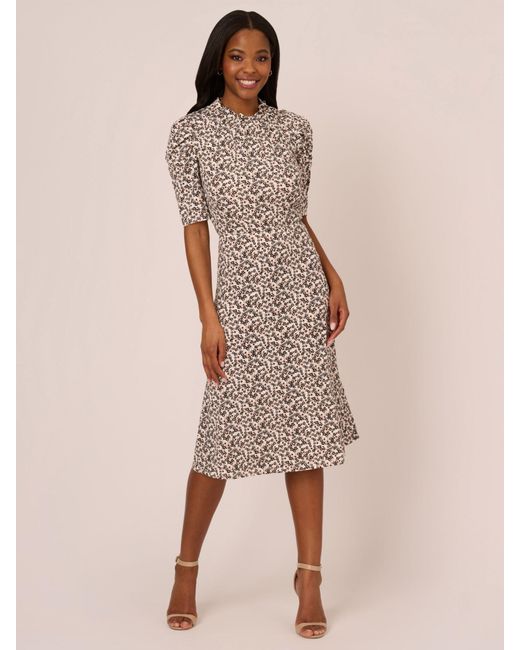 Adrianna Papell Natural Ruffle Neck Ditsy Floral Midi Dress