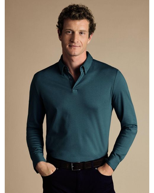 Charles Tyrwhitt Blue Long Sleeve Jersey Polo Shirt for men