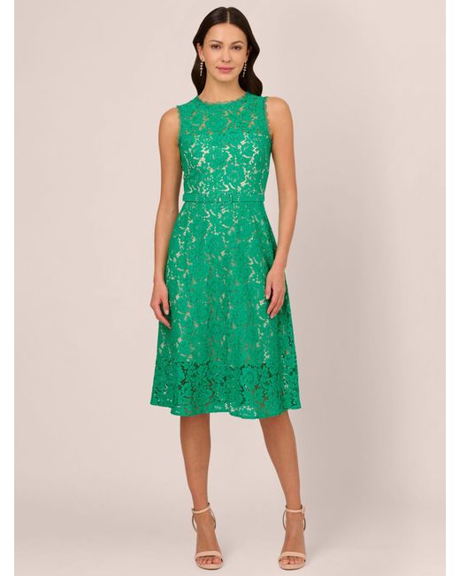 Adrianna Papell Green Knit Lace Flared Dress