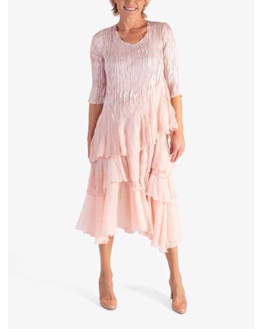 Chesca Pink Satin Chiffon Crush Pleated Tiered Dress