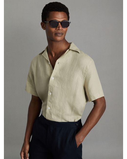 Reiss Gray Beldi Linen Short Sleeve Cuban Shirt for men