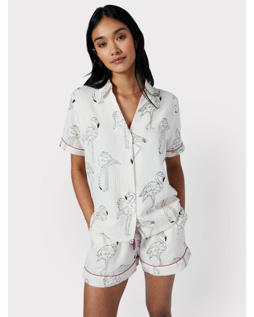 Chelsea Peers White Flamingo Print Cotton Cheesecloth Short Pyjamas