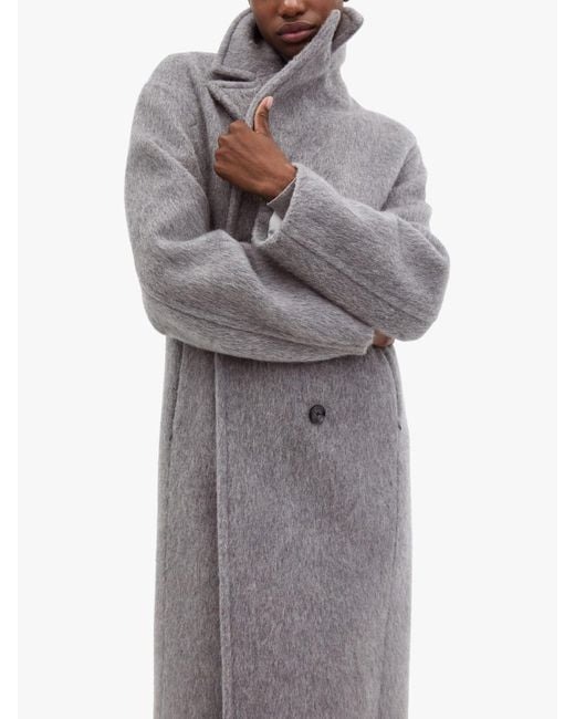 Mango Gray Fluffy Long Wool Blend Double Breasted Coat