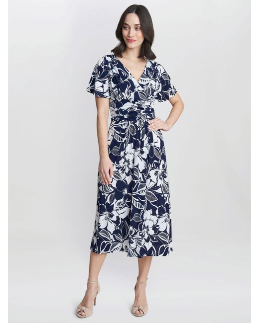 Gina Bacconi Blue Gemma Floral Print Midi Jersey Dress