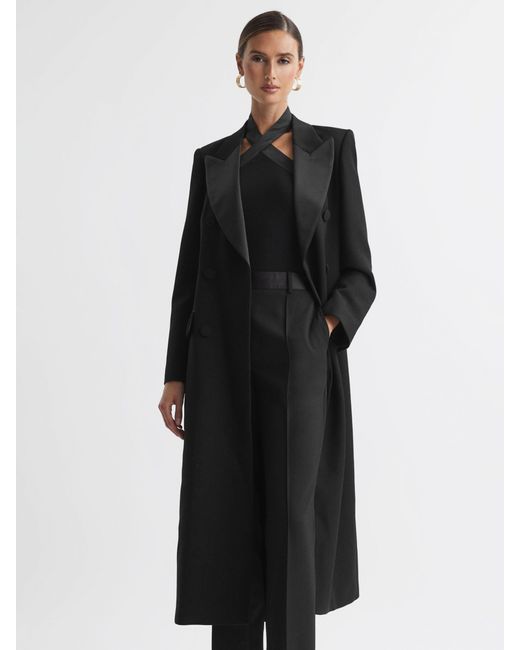 Reiss Black Maeve Double Breasted Wool Tuxedo Long Coat