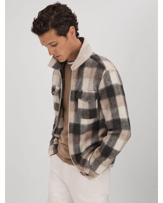 Reiss Natural Stamford Long Sleeve Brushed Check Zip Shirt for men