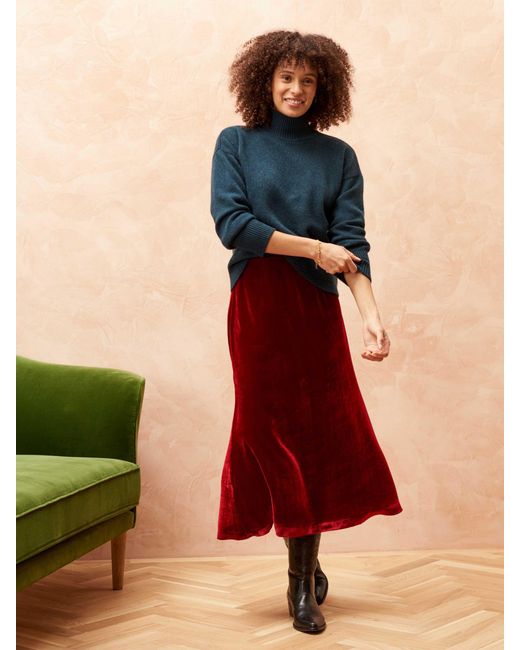 Brora Red Silk Blend Velvet Midi Skirt