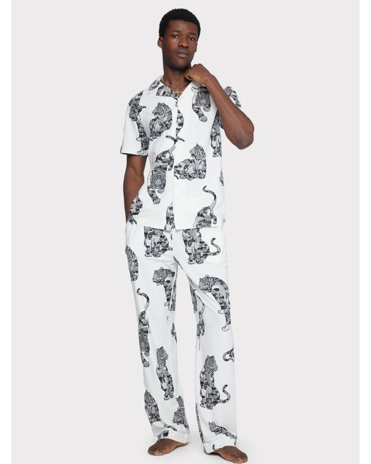 Chelsea Peers White Organic Cotton Tiger Print Pyjama Set for men