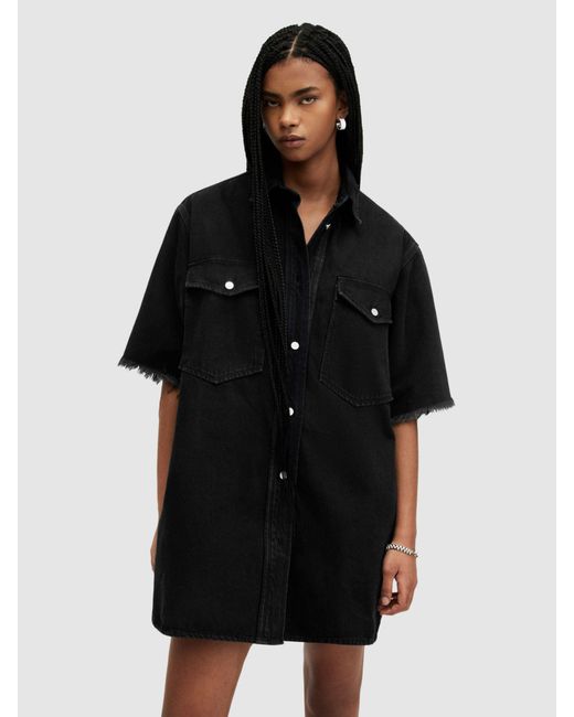 AllSaints Black Lily Denim Mini Shirt Dress