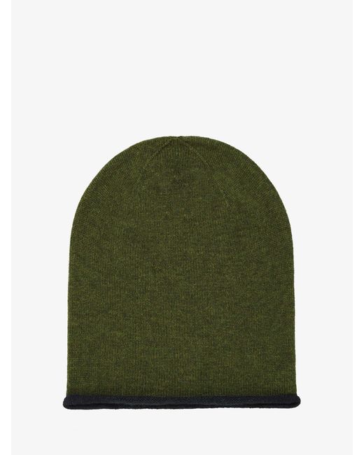 Brora Green Cashmere Contrast Trim Slouchy Beanie Hat