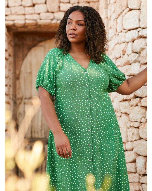 Live Unlimited Green Curve Spot Print Shirred Shoulder Midi Dress