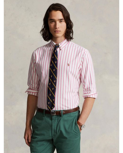 Ralph Lauren Pink Polo Custom Fit Striped Oxford Shirt for men