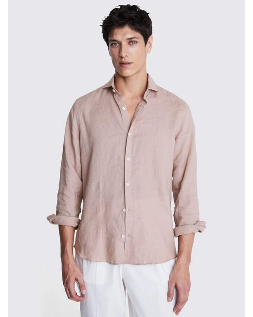 Moss Bros Pink Tailored Fit Linen Long Sleeve Shirt for men