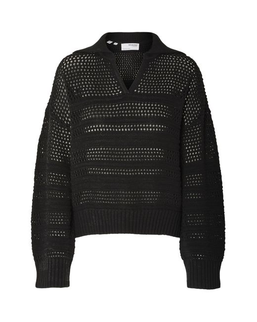SELECTED Black Fina Open Knit Collared Jumper