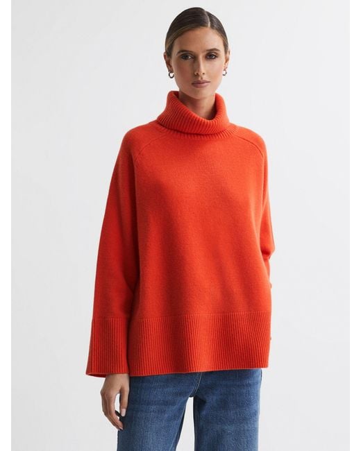 Reiss Red Edina - Orange Relaxed Wool-cashmere Blend Roll Neck Jumper