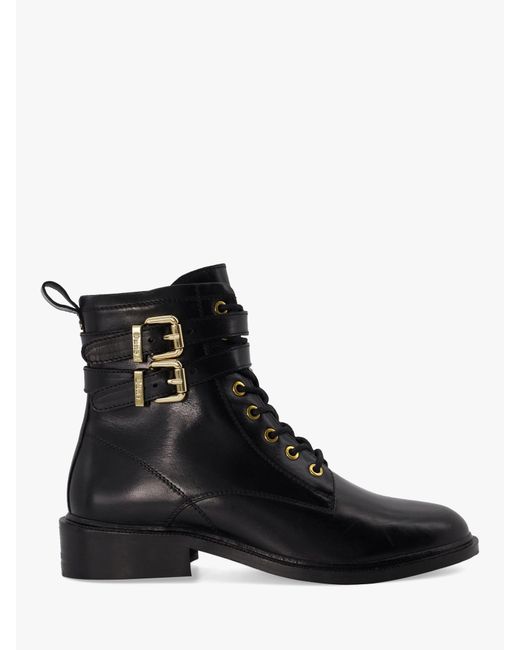 Dune Black Phyllis Leather Double Buckle Lace Up Boots