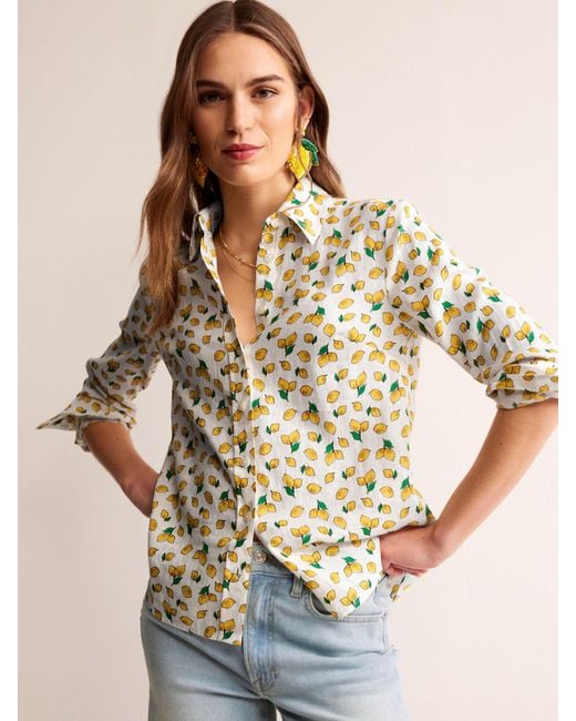 Boden Natural Sienna Linen Lemon Print Shirt