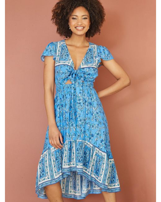 Yumi' Blue Mela London Ditsy Print Midi Sun Dress