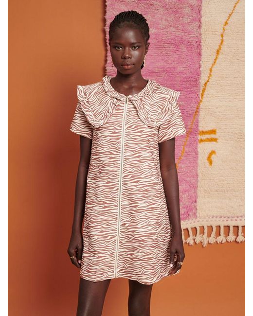 Ghospell Pink Zoya Zebra Print Oversized Collar Mini Dress