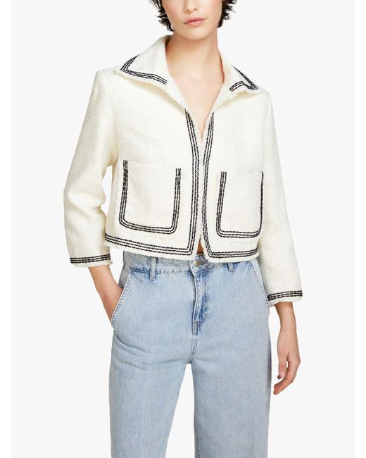 Sisley White Contrast Stitch Frayed Boucle Jacket