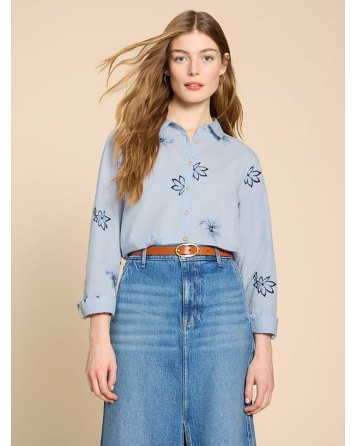 White Stuff Blue Sophie Cotton Embroidered Shirt