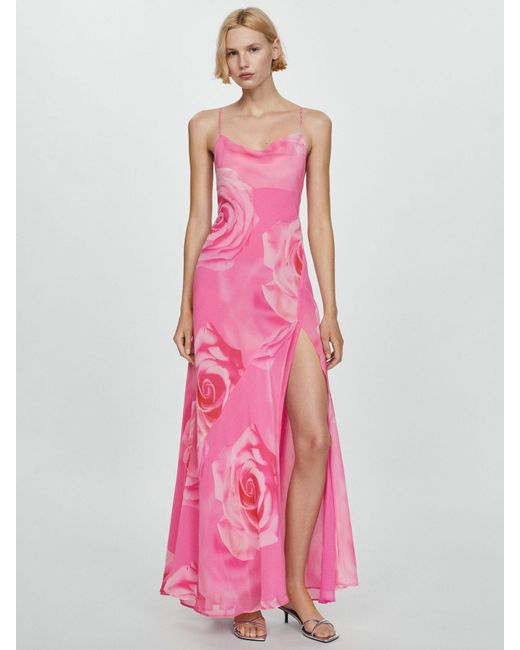 Mango Pink Rosa Rose Print Cowl Neck Maxi Dress
