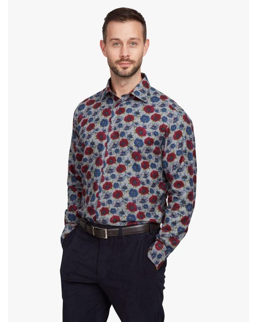 Simon Carter Blue Poppy Print Soft Cotton Long Sleeve Shirt for men