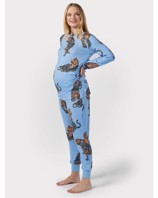 Chelsea Peers Blue Maternity Lotus Tiger Print Pyjama Set