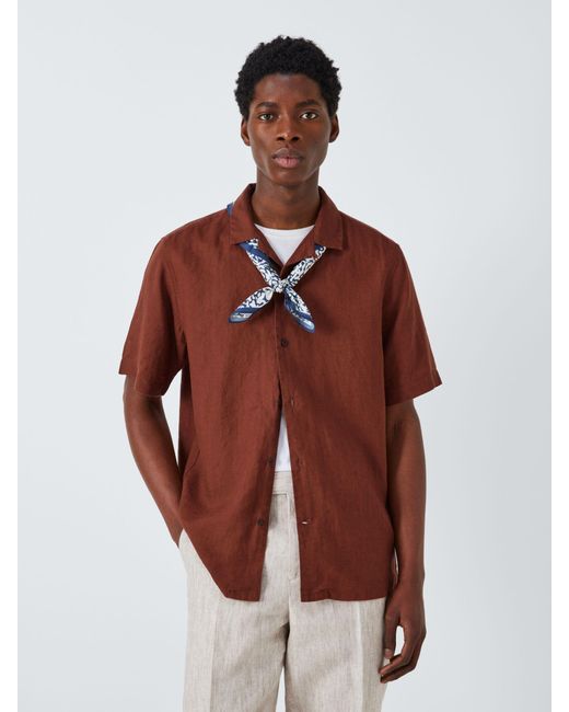John Lewis Brown Linen Revere Collar Short Sleeve Shirt for men
