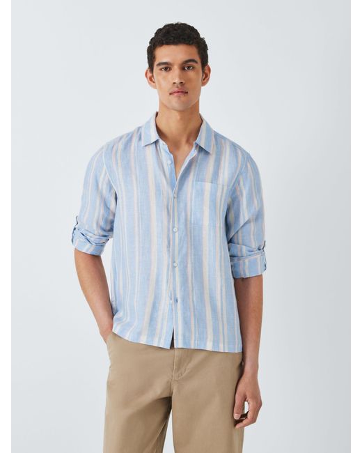 John Lewis Blue Linen Stripe Long Sleeve Beach Shirt for men