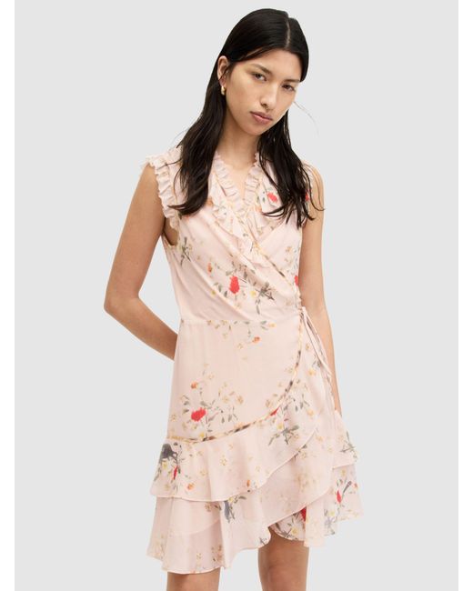 AllSaints Pink Ari Kora Frill Detail Mini Wrap Dress