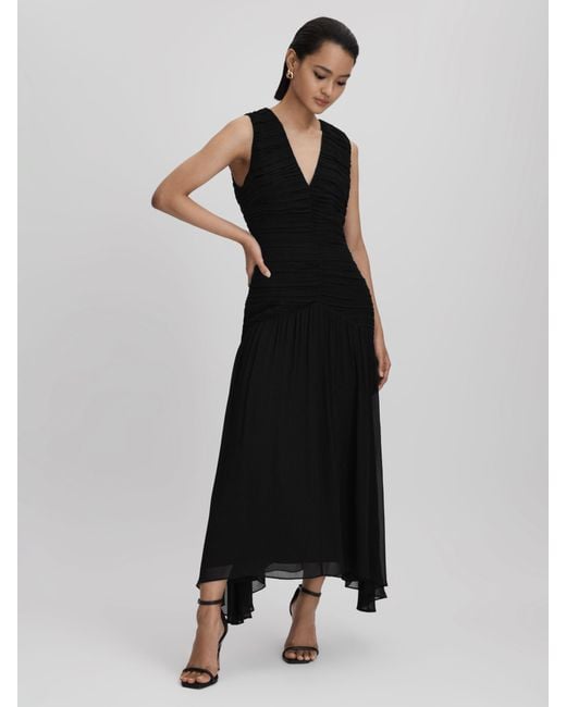 Reiss Black Saffy Ruched Woven Maxi Dress